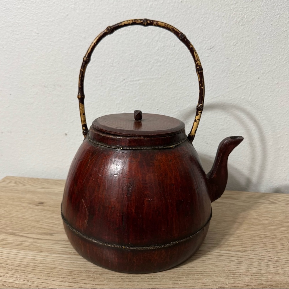Chinese Large Wooden Teapot Kettle‎ Pitcher Bamboo Handle Vintage (Antique?) Fir